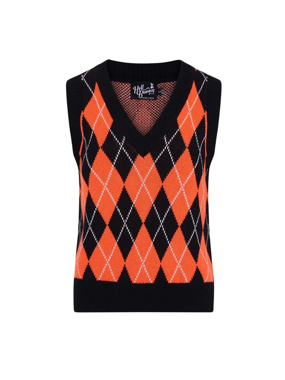 Hell Bunny Orange & Black Argyle V-Neck Sweater Vest 2XL